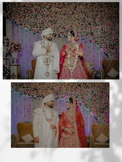 A collage of the couple during their jaimala ceremony on stage, capturing their interactions and the beautiful floral backdrop.
