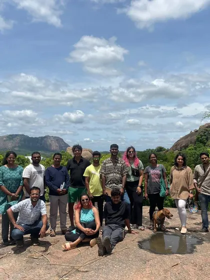 Our Goa and Magadi office teams together on a site visit. We believe in continuous learning, and regularly visit past projects to see how they age and merge with nature over time.