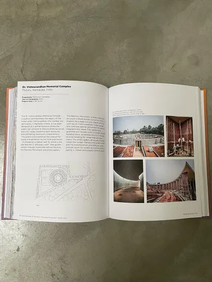 A page from the book "Architectures of Transition" detailing the Dr. Vishnuvardhan Memorial Complex. The feature includes photographs and architectural drawings, documenting the project for an academic audience.