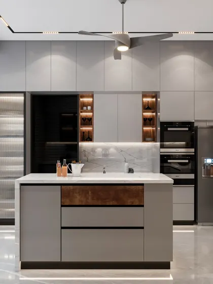 A render of a minimalist kitchen at Amaryllis, designed with a monochromatic gray scheme and brown wood accents. The island provides extra counter space, while decorative shelves outside the kitchen maintain aesthetic balance.