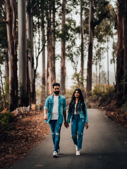 A casual stroll through a forest of towering trees. This pre-wedding photo captures the simple joy of walking hand-in-hand on your journey together.