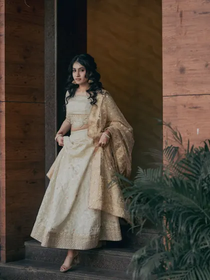 Another beautiful shot of Kavya, showing how the soft makeup and hairstyle create a look of timeless grace for her engagement day.
