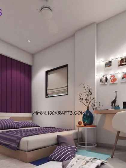 A modern ethnic kids' room with a bold purple accent wall and a string of photo lights above the desk for a personal touch.