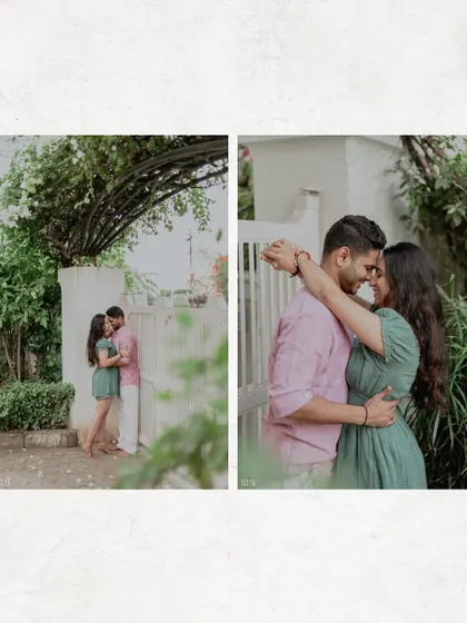 A diptych showing both a wide and a close-up shot of the couple, capturing their intimacy.