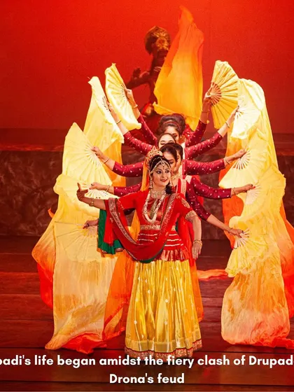 The birth of Draupadi from the sacrificial fire, a consequence of the feud between Drupada and Drona. This scene from 'Krishnaa - Fire to Frost' uses dramatic formations and vibrant colors to depict her fiery origins.