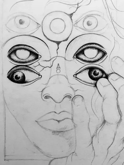 A progress shot showing the inking of the lower eyes.