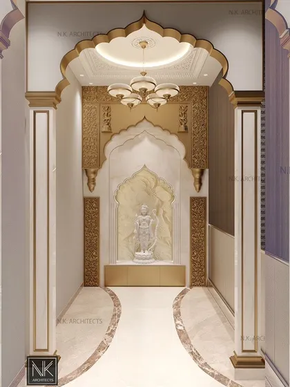 A home's spiritual center deserves special attention. We designed this traditional mandir as a sacred space for peace and reflection, featuring intricate carvings, beautiful flooring inlay, and a grand dome to create a sense of timeless beauty.