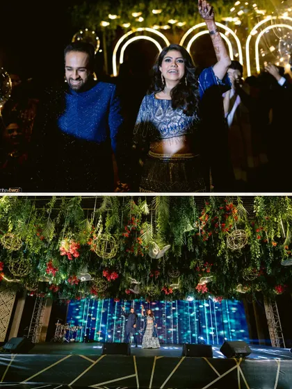 A collage showing the couple's entry and the grand stage of their enchanted forest Sangeet.
