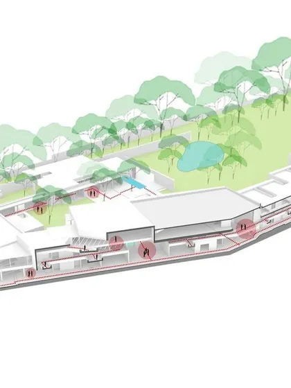 An axonometric section of the DRL Leadership Academy, illustrating how wind tunnels are integrated into the design to promote natural ventilation.