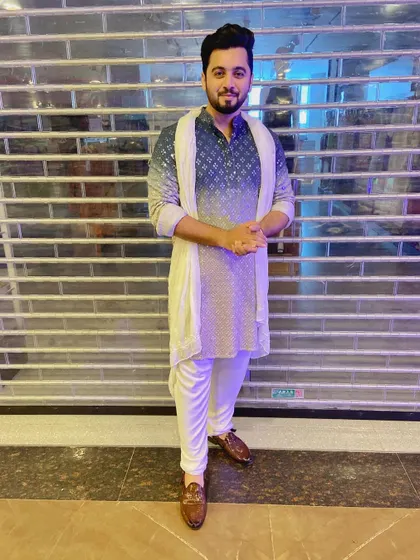 A full-length shot of my ombre-dyed kurta, a great choice for adding a touch of modern style to a traditional wedding event.