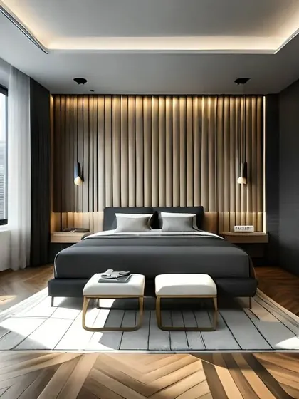 A modern bedroom with a view, featuring a fluted wood accent wall and a sleek, low-profile bed. The large window floods the room with natural light, highlighting the herringbone wood floor.