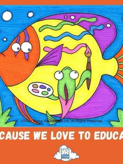 We love to educate. This whimsical drawing of a small fish painting a larger fish shows our passion for art education in a creative and metaphorical way.