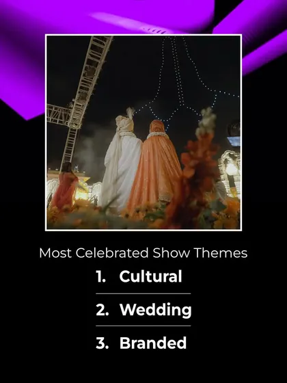 Our most celebrated show themes are cultural, wedding, and branded events. This graphic highlights our core areas of expertise, showing our versatility in creating impactful shows for any occasion.