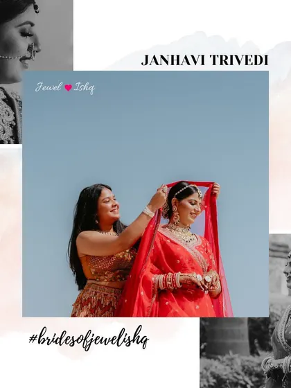 A creative collage telling the story of our bride Janhavi. We worked together to select every piece, from the sheeshphool to the hathphool, to create her dream wedding look.