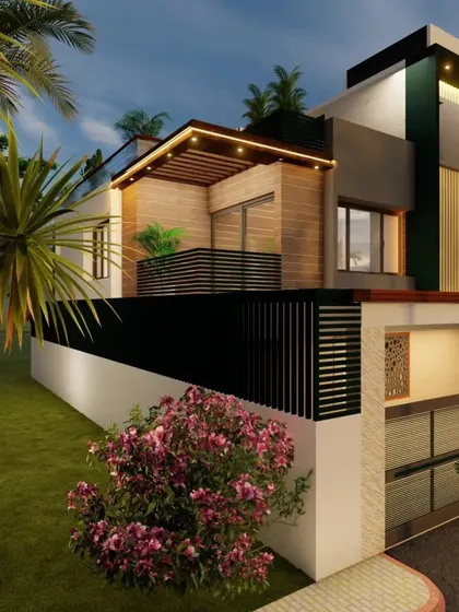 A dusk view of a modern bungalow concept, emphasizing how our lighting plans transform the building's character after sunset. Spotlights and strip lights highlight the architectural details and warm wood textures.