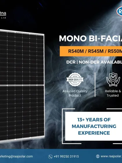 With over 13 years of manufacturing experience, our Mono Bi-facial solar panels are a reliable and trusted choice. Available in R540M, R545M, and R550M models, they are built to assured quality standards.