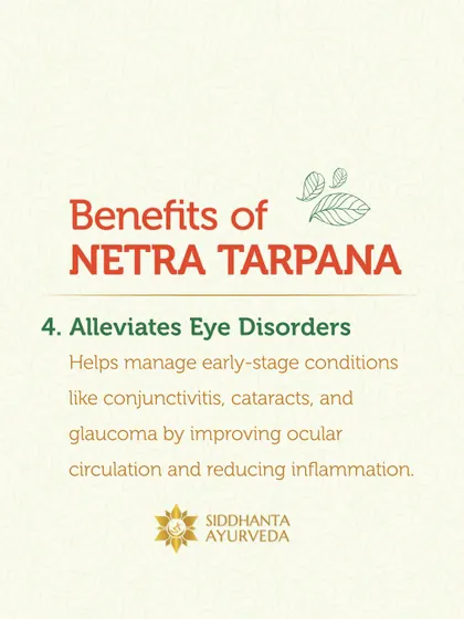 Beyond strain, Netra Tarpana helps alleviate eye disorders. It can manage early-stage conditions like conjunctivitis and glaucoma by improving ocular circulation and reducing inflammation.