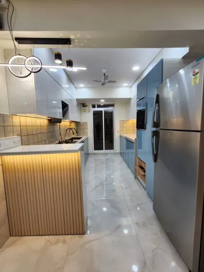 A complete view of a finished parallel kitchen project, ready for the client to move in.