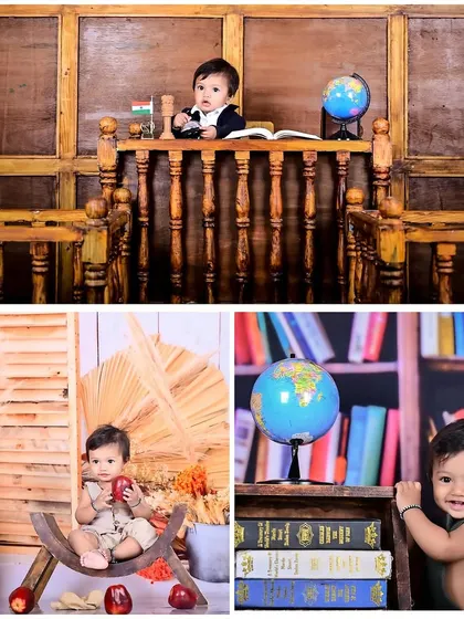 A collage of three distinct themes: a courtroom, a vintage apple setup, and a library, all featuring the same child.