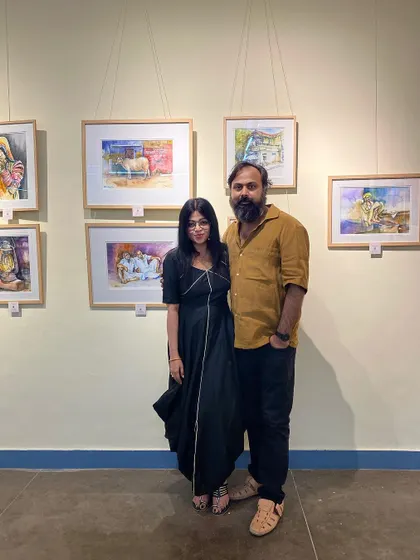 With my husband at the Art Bengaluru exhibition. His support is a huge part of my journey as an artist.