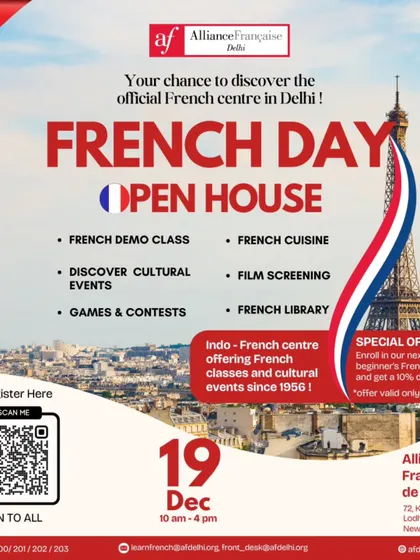 The official poster for our French Open Day. The design, featuring the Eiffel Tower, clearly lists all the free activities and the special enrollment offer, making it a compelling invitation.