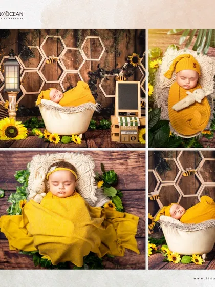 A collage showcasing our popular honeybee theme. It displays multiple angles and poses, from the full setup with sunflowers to close-ups of the baby sleeping peacefully in yellow wraps.