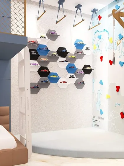 This room is built for adventure, with a climbing ladder, gymnastic rings, and a world map to inspire exploration.
