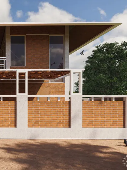 Another view of the vernacular residence, emphasizing the clean lines of the brickwork against the sky. The design prioritizes natural materials and a functional layout that respects the climate and culture of the region.