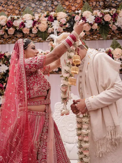 The Varmala ceremony, a key ritual where the couple officially accepts each other.