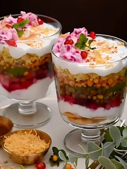 Chaat served in a glass adds a touch of modern elegance to your party. These are layered with chickpeas, potatoes, chutneys, and yogurt, then garnished with pomegranate seeds.