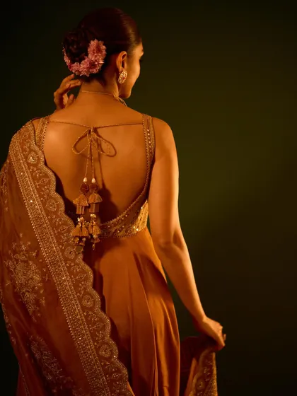A beautiful shot of the back of the anarkali, showing the delicate tie-up detail and elegant tassels.