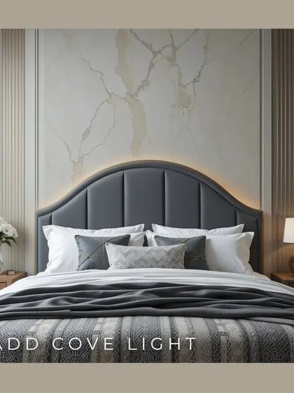 Adding cove lighting behind the headboard is a simple way to create a warm, inviting ambiance. It adds a soft glow that enhances the texture of the wall and makes the bedroom feel more luxurious.