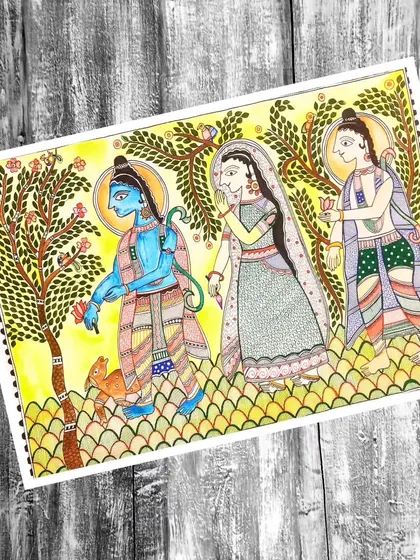 A colorful Madhubani painting depicting a scene from the Ramayana. Our classes delve into the storytelling aspect of these traditional folk arts.