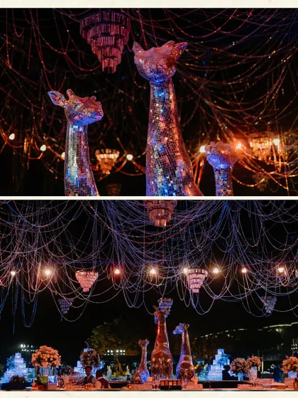 A collage showing the whimsical yet glamorous Sangeet decor, with disco-ball giraffes under a web of string lights and chandeliers, creating a unique and eclectic party vibe.