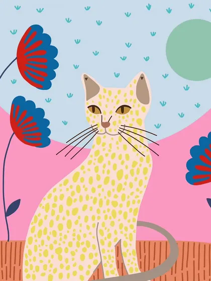 For all the cat lovers out there. This digital illustration features a spotted yellow cat among whimsical red and blue flowers, created with a pop art sensibility and a vibrant color scheme.