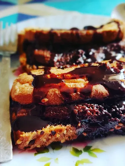 Another angle of my healthy chocolate dessert, showing the delicious layers of bread and chocolate.