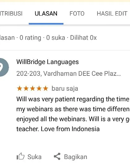 We welcome students from all over the world. This review from a student in Indonesia highlights my flexibility with scheduling and my patient teaching style, ensuring that language learning is accessible no matter the time zone.