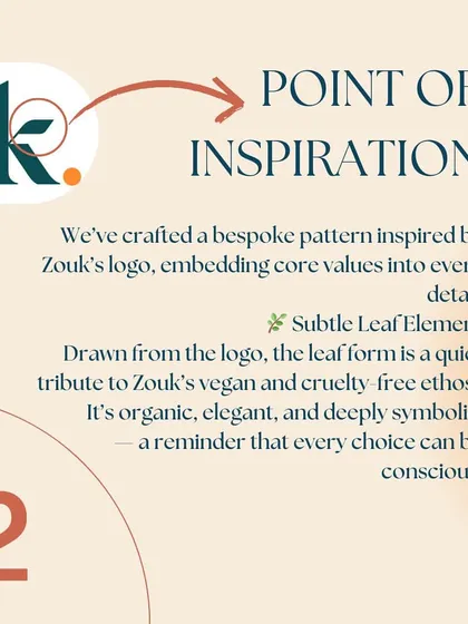 Our point of inspiration for the Zouk store was the leaf element in their logo. This graphic explains how we used this subtle shape as a tribute to the brand's vegan and organic ethos.