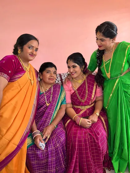 Makeup for the whole family. Here, I did the makeup for the bride and her family members, ensuring everyone looked their best in their beautiful Mysore silk sarees.