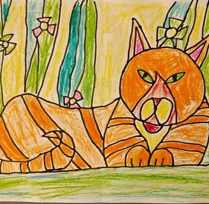 This orange tabby cat has a striking, confident expression. We teach students to use the eyes and mouth to give their characters personality.