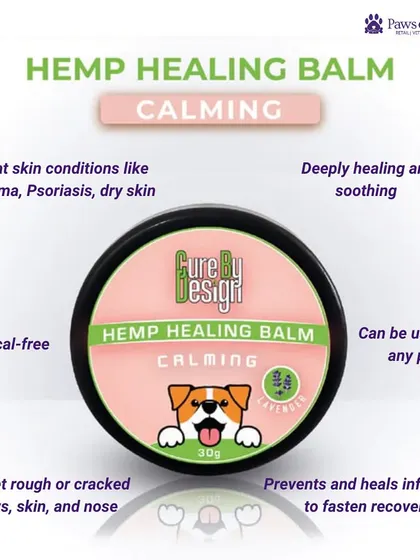 Our Cure By Design Hemp Healing Balm is a chemical-free solution for various skin conditions like eczema and dry skin. This infographic highlights its key benefits, including its ability to heal infections and soothe rough paws and noses.