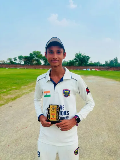 Aditya Singh, our Player of the Match, with his trophy. His hard work and talent are shining through.