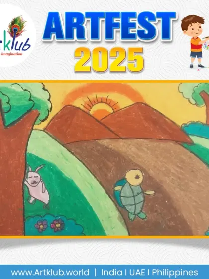 Another take on "The Tortoise and the Hare" by a junior artist. This drawing shows the two characters on a hilly path against a setting sun.