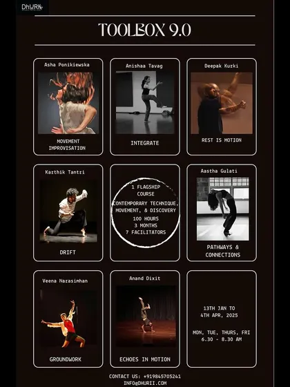 The poster for Toolbox 9.0, our flagship 100-hour contemporary course. Seven facilitators, seven unique modules.