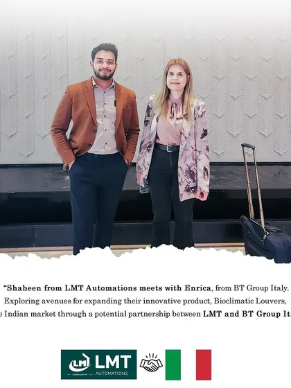 Here I am with Enrica from BT Group Italy. This partnership allows us to bring their innovative bioclimatic louver technology directly to the Indian market, handled exclusively by our team.