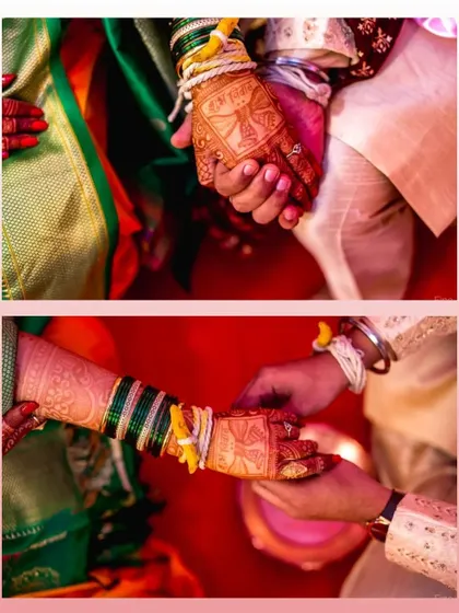 A detailed collage focusing on the hands during a wedding ceremony, showing the mehndi, bangles, and the ritual of holding hands.