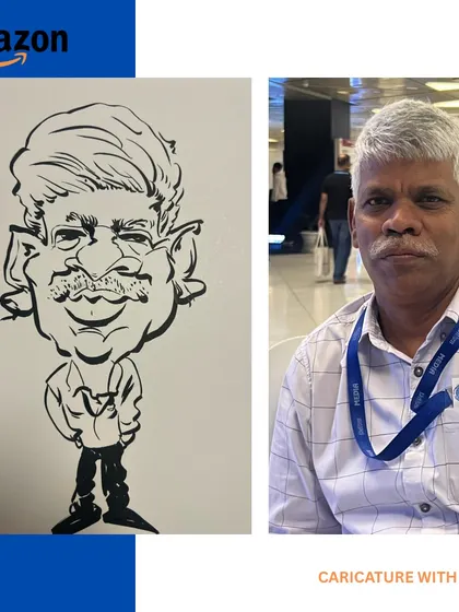 A black and white ink caricature of an Amazon employee. This style is quick, expressive, and always a crowd-pleaser at large corporate events.