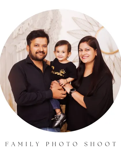 A classic family photo shoot in the studio. This circular crop frames the happy family of three, perfect for sharing with loved ones.
