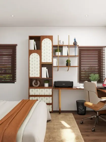 This 3D render shows a bedroom that doubles as a home office, with an integrated desk and bookshelf unit that maximizes space without sacrificing style.