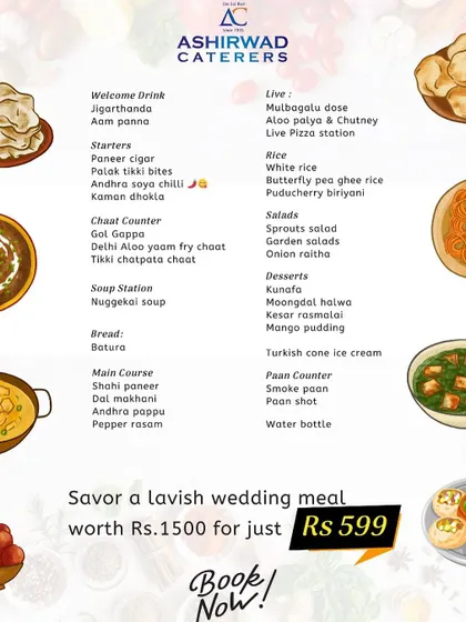This graphic shows the diverse menu for an upcoming wedding food tasting experience. It features a mix of welcome drinks, starters, chaat, main courses, and desserts.